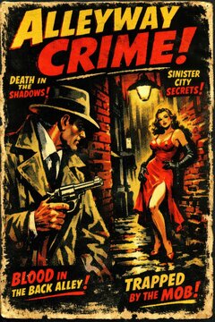 Vintage crime alleyway poster with detective and femme fatale in noir style dramatic lighting urban setting
