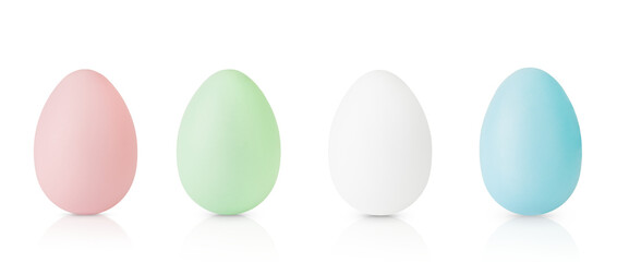 Set of four Easter egg decorative pastel blue, green, pink and white colors isolated on white background with clipping path, design element. Minimalist easter greeting card. © kasia2003