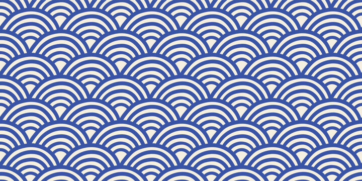 Traditional classic modern horizontal abstract Japanese seamless pattern seigaiha of blue waves, semicircles on white background, simple vector illustration, drawing, hand-drawn in flat style