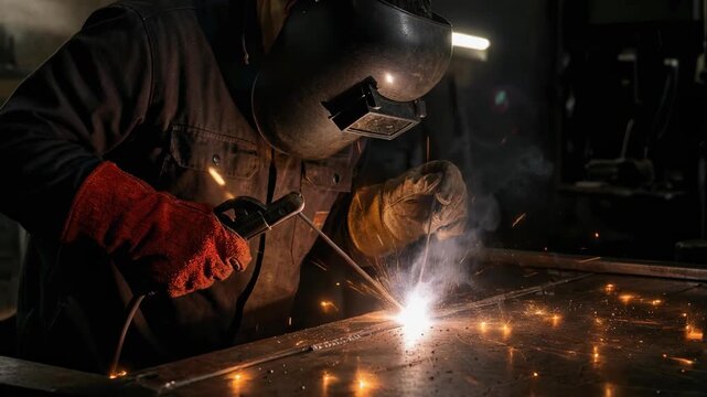 Professional Welder Working with Arc Welding Machine in Workshop