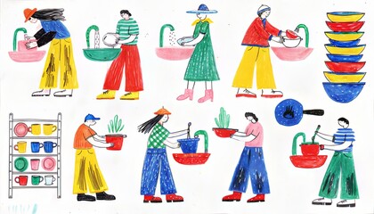 Collection of simple naive art illustrations with kitchenware, food, and organic shapes in a whimsical hand-drawn style