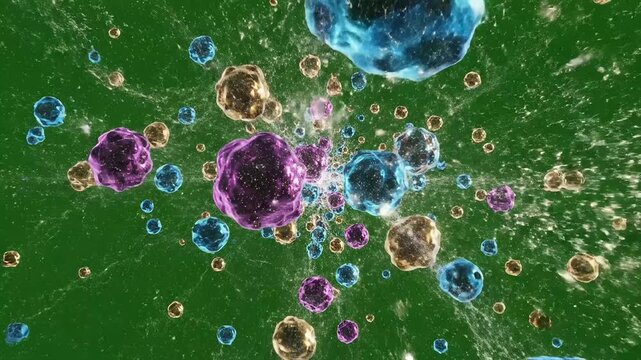 Microscopic cells and particles on green background exploding with white particles and debris