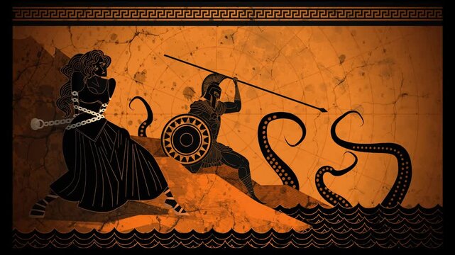 perseus fighting cetus mythology monster while andromeda chained to a rock