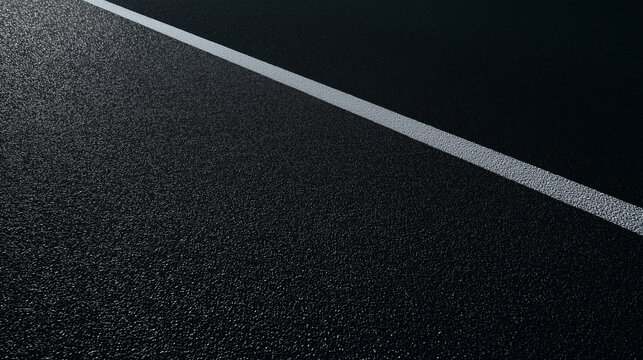 Fresh black asphalt texture closeup white road marking line, new pavement surface construction, dark granular material road infrastructure background minimal.