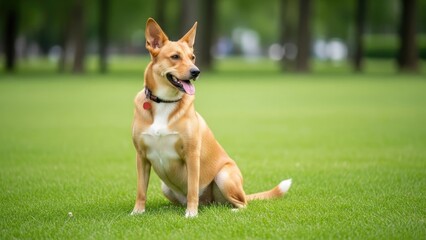 Dog Sitting on Green Grass in Park.