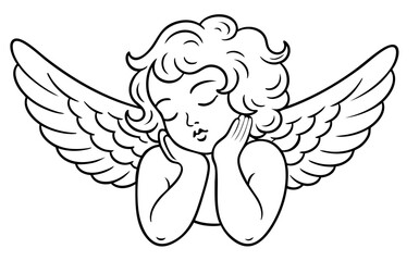 Dreamy cupid resting face on hands &mdash; thoughtful angel of love waiting for Valentine romance, soft wings and halo