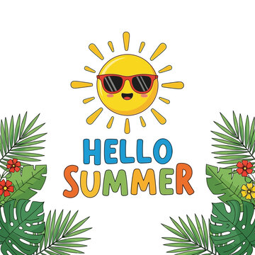 Cute cartoon sun with sunglasses and tropical leaves, Hello Summer text