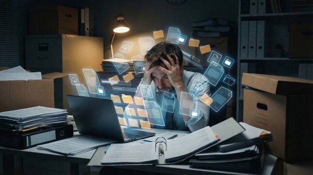 Overwhelmed professional struggling with an excessive workload, digital data overload, and immense stress in a cluttered, chaotic office environment