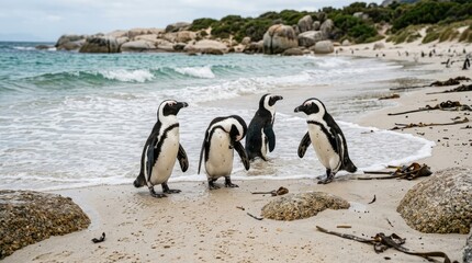 Obraz premium A group of African penguins gathered on a sandy beach near the ocean waves