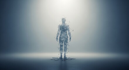 High Quality, Professional Human body disintegrating into particles with light shining through transparent form in a room Stock Photo, AI Generated