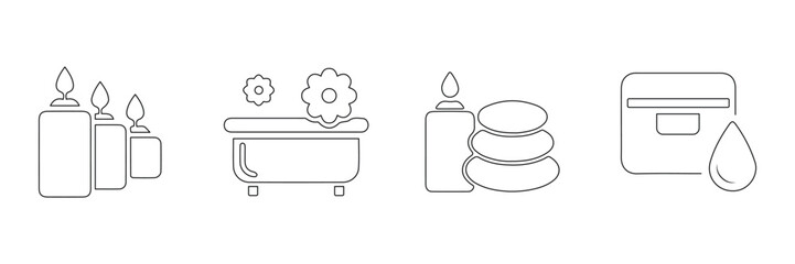 Obraz premium Ayurveda spa wellness candles bathtub stones flowers oils relaxation healing therapy balance nature beauty icon vector illustration.