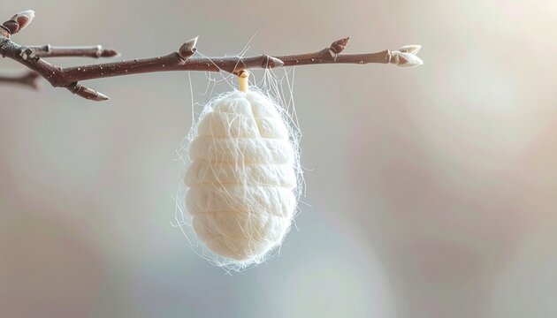 Silkworm pupa encased in delicate silk threads hanging from a thin branch