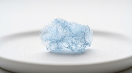Soft, fluffy, translucent blue cotton candy on a white plate