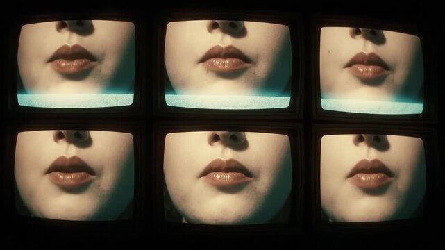 Female lips on multiple retro television screens in dark setting