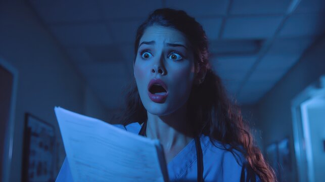 Nurse discovers shocking news in hospital hallway during late night shift while holding medical report in hand