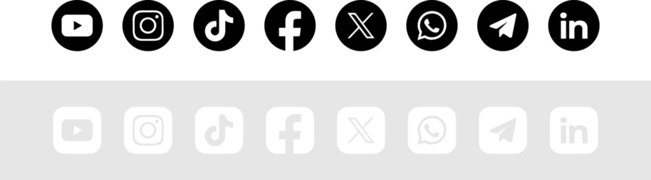 Social media logos in black circles and white squares, popular social media icons collection, vector button set 2026
