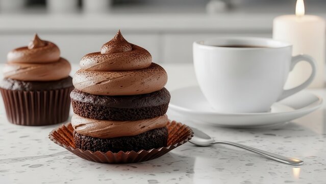 Two chocolate cupcakes with chocolate frosting on a white marble countertop with a cup of coffee