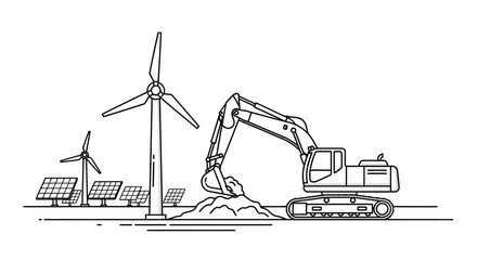 Excavator digging near wind turbine. © ayana