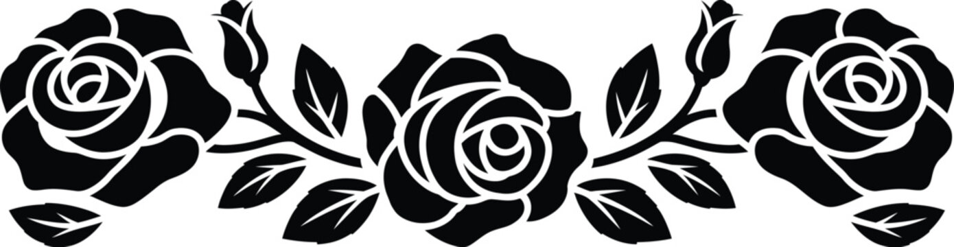 Black rose floral border illustration, elegant horizontal silhouette with three blooming roses leaves and buds for decorative botanical border design.