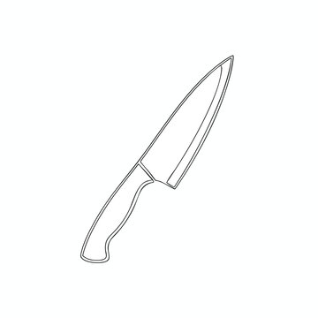 A minimalist line art illustration depicts a chef's knife with a curved handle