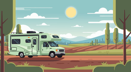 Vector illustration of a recreational vehicle on a scenic road trip through rolling hills and countryside with a bright sun in the sky, perfect for travel and adventure themes © Purnomo