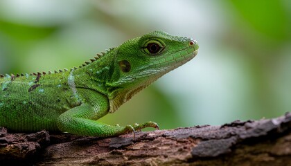 Naklejka premium Close-up portrait of a vibrant green lizard perched on a tree branch in a lush, natural environment, showcasing its intricate scales and attentive gaze