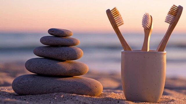 Bamboo toothbrushes in cup with zen stones on beach, eco friendly oral care concept