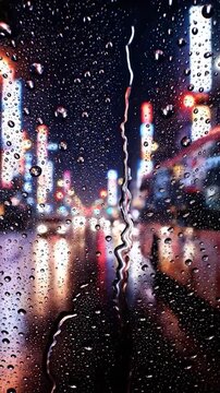 Raindrops on glass with blurred city lights at night