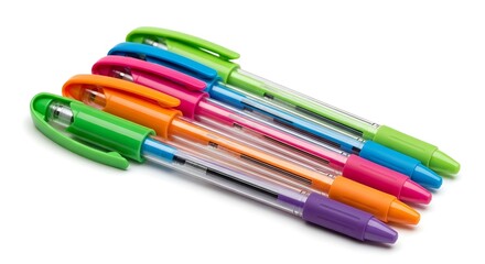 Fototapeta premium A vibrant collection of colorful ballpoint pens neatly arranged on a white background
