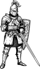 Fototapeta premium Sketch of a Medieval Knight in Full Armor with Sword. Vector hand drawn illustration 