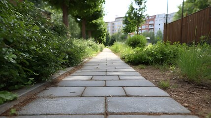 Fototapeta premium A winding paved pathway leads through a lush verdant urban garden