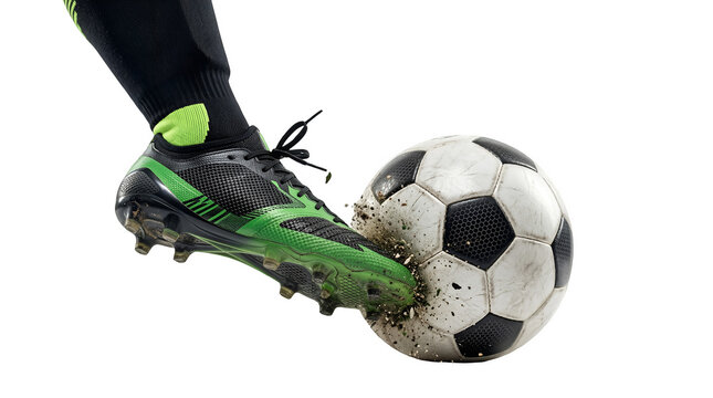 close up of a soccer shoe hitting the ball with power on transparent background 