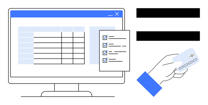 Computer monitor displaying online table and checklist, hand holding a credit card. Ideal for finance, e-commerce, data management, online banking, payment systems, digital transactions