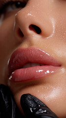 Fototapeta premium Glossy close up of wet lips and nose with water droplets, showing smooth skin texture and sensual expression