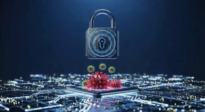 Conceptual digital security illustration showing a holographic lock protecting a circuit network from a cyber virus attack