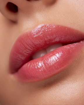 Macro close up of permanent makeup lip blush result with smooth glossy pink lips and natural skin texture