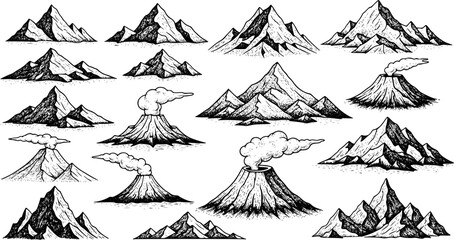 Collection of vintage style mountain and volcano landscape engravings. Vector hand drawn illustration 