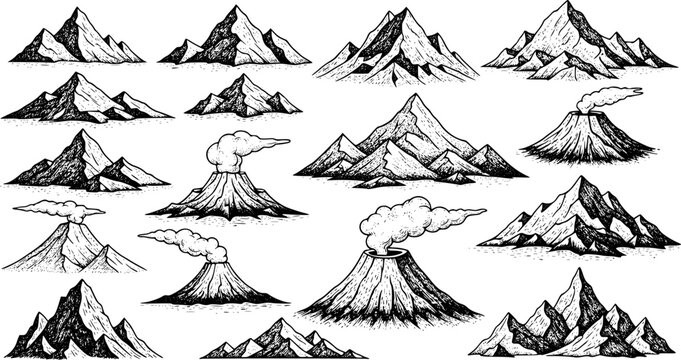 Collection of vintage style mountain and volcano landscape engravings. Vector hand drawn illustration
