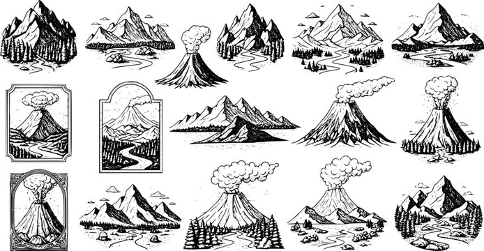 Collection of vintage style mountain and volcano landscape engravings. Vector hand drawn illustration
