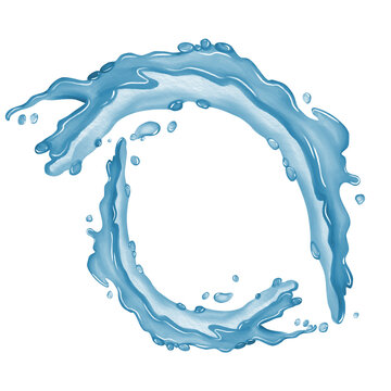 Artistic water splash forming a circular shape with dynamic blue liquid motion, emphasizing freshness and vitality in design elements