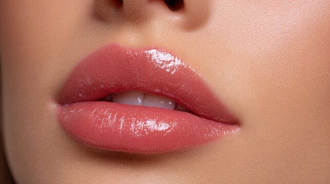 Glossy pink lip makeup on smooth skin with natural shine and soft texture, close up side angle macro shot