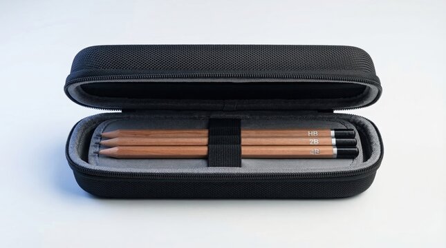 Black pencil case with gray interior holding set of wooden hb and 2b pencils on white surface