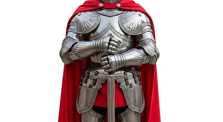 Obraz premium Noble medieval knight in intricate shining armor, adorned with a vibrant red cape, standing majestically with a powerful sword, ready for historical reenactment or display