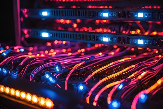 Glowiing computer network cables in server room