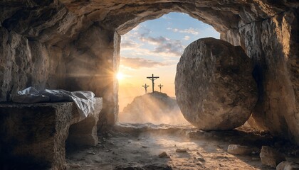 Fototapeta premium Christian Easter concept. Jesus Christ resurrection. Empty tomb of Jesus with light