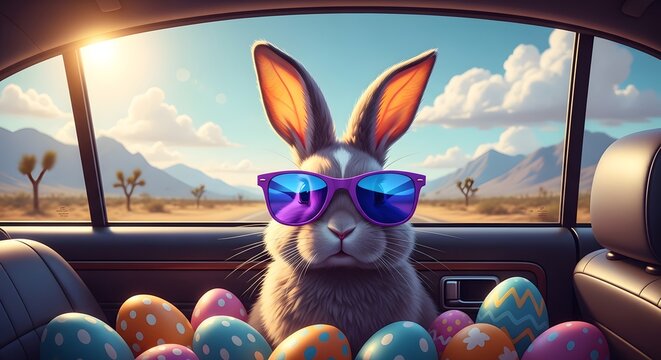 Easter bunny wearing sunglasses riding in a car with easter eggs