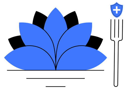 Wellness, health, diet, nutrition, food safety, lifestyle. Blue lotus flower, fork and shield design. Wellness and health concept combining food safety and balanced lifestyle