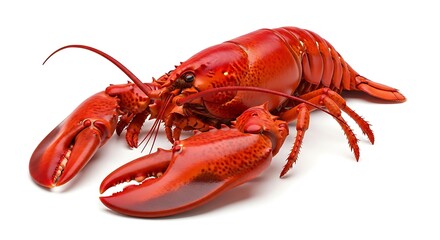 A close-up of a vibrant red cooked lobster on a clean white background, ready to eat