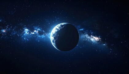 Fototapeta premium A solitary planet adrift in the vast cosmic expanse, bathed in starlight and nebulae.