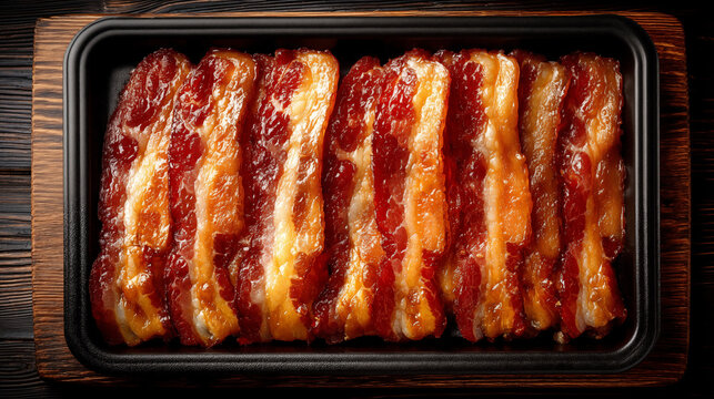 Premium smoked bacon strips arranged in black tray on wooden table, top view, for breakfast food packaging and advertising.